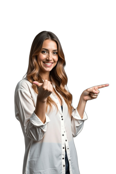 Mujer con cabello largo, vistiendo con una camisa blanca. Está sonriendo amigablemente y señalando con ambos dedos índices hacia la derecha. El fondo es completamente negro.Mujer con cabello largo, vistiendo con una camisa blanca. Está sonriendo amigablemente y señalando con ambos dedos índices hacia la derecha. El fondo es completamente negro.